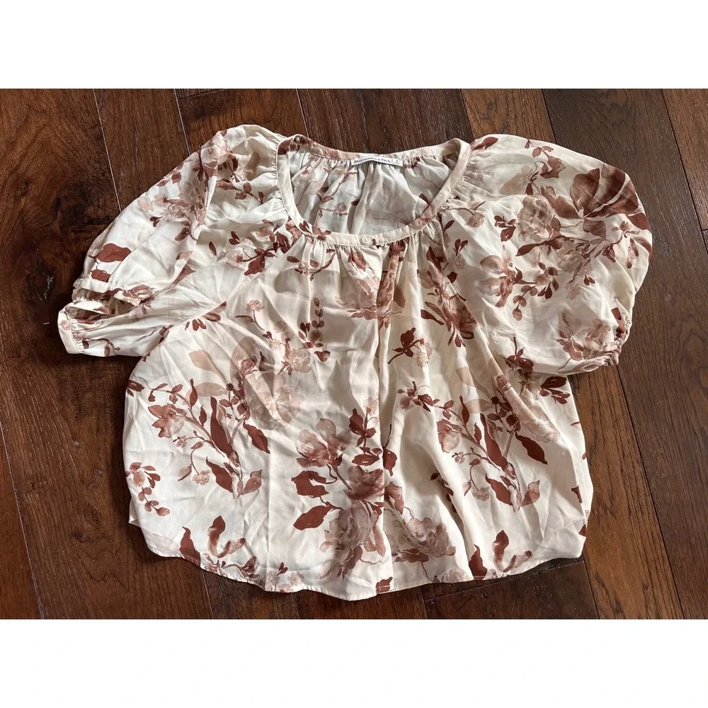 Abercrombie & Fitch Floral Puff Sleeve Blouse Cream Brown Short Sleeve Top Small
